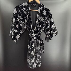 Victoria Secret Velvet Satin Robe Tie Kimono Black Star Silver Bling XS/S
